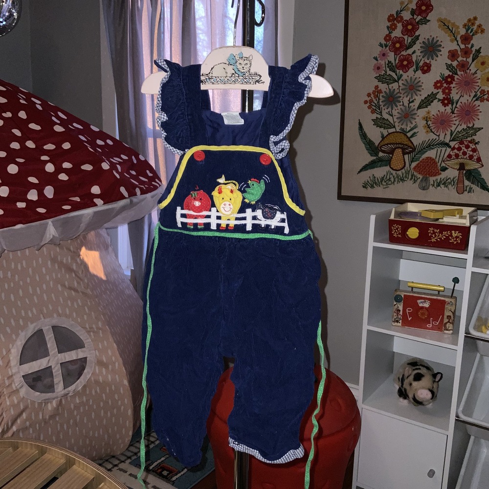 Vintage 12 Months Baby Girls Navy Blue Corduroy Bib Overalls Farm Animals Sheep